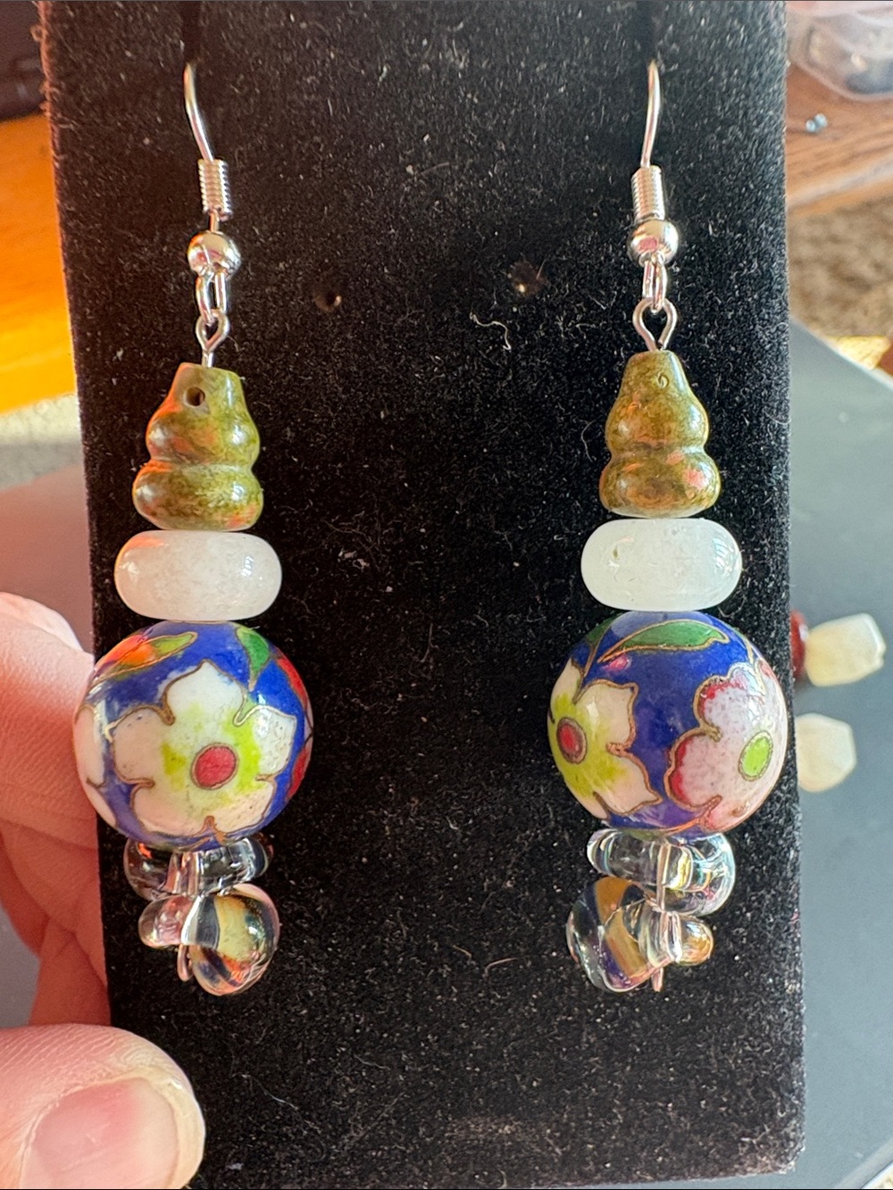 Hand Crafted Blue Floral Cloisonné Drop Earrings with Quartz, Unakite and Glass